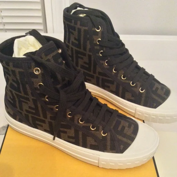 Authentic Fendi Domino brown FF jacquard fabric high top sneaker